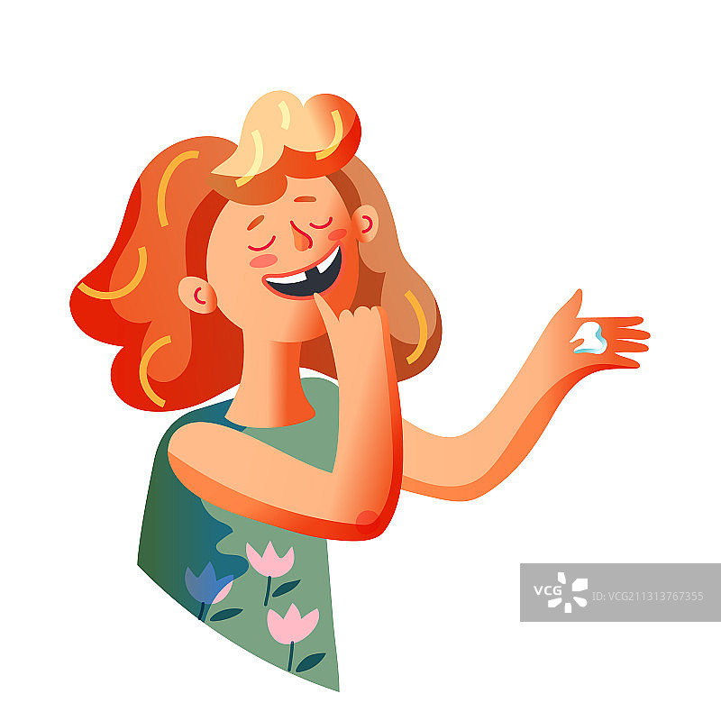 快乐的女孩展示掉落的牙齿和无牙的笑容图片素材