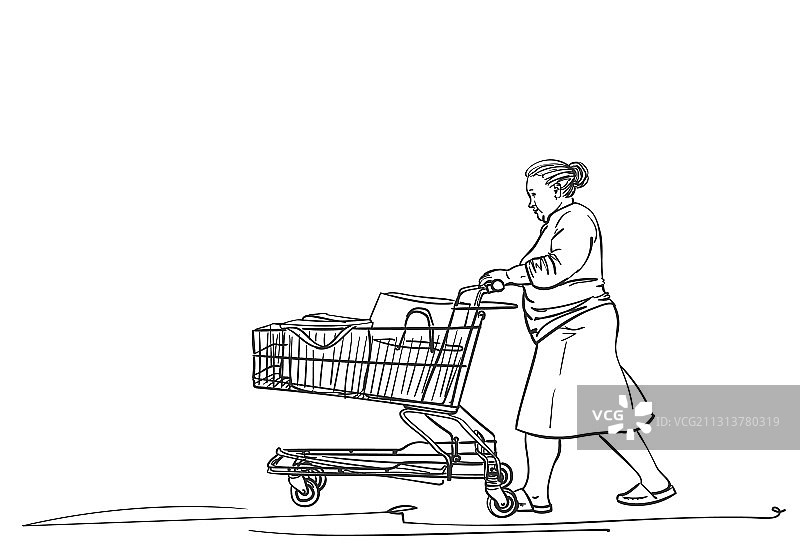 老年妇女推着超市购物车图片素材