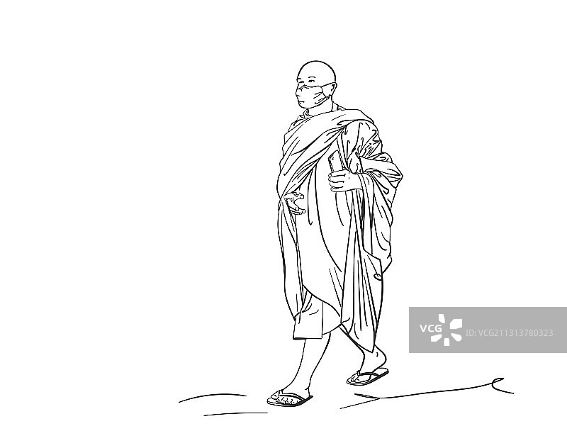 戴口罩的素描行走僧侣图片素材