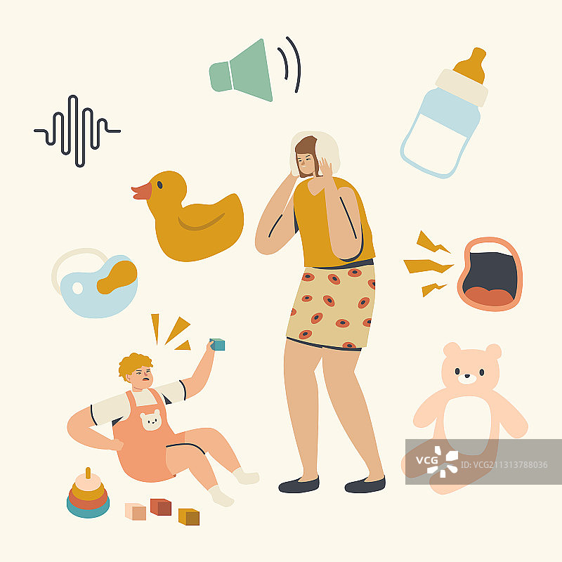 年轻的母亲捂住耳朵，忍受着尖叫图片素材