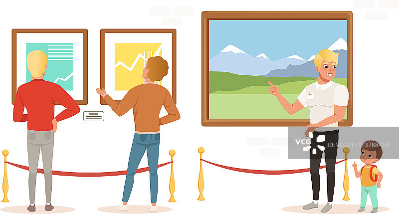 参观展览的游客在美术馆观看绘画图片素材