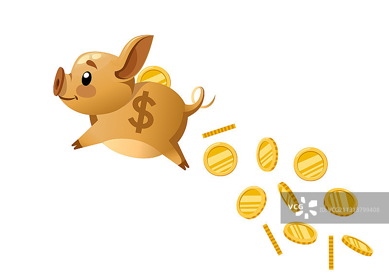 飞行的金色小猪存钱罐和掉落的硬币图片素材