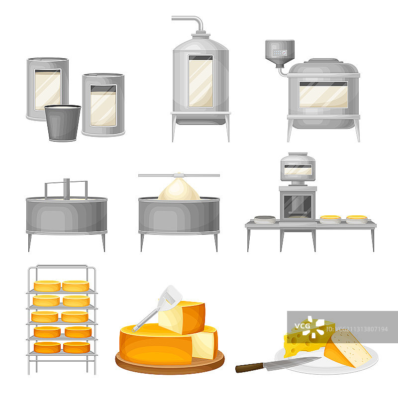 凝乳和成熟的奶酪生产过程图片素材