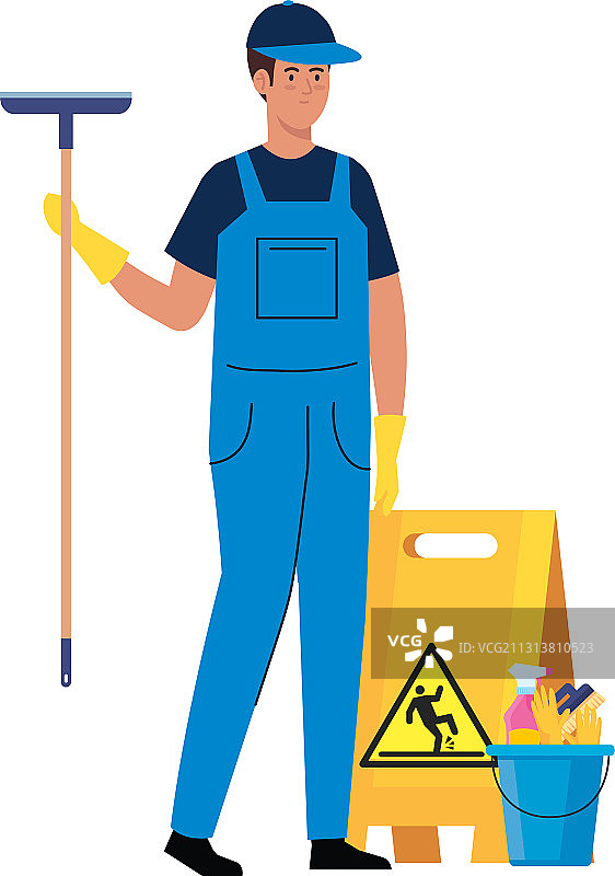 男人清洁服务工人和清洁工具图片素材