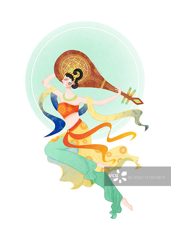 敦煌国风反弹琵琶飞天人物插画图片素材
