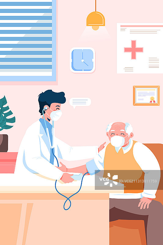 卡通社区诊所测量血压仪器诊断体检老年医疗健康口罩防护矢量插画图片素材