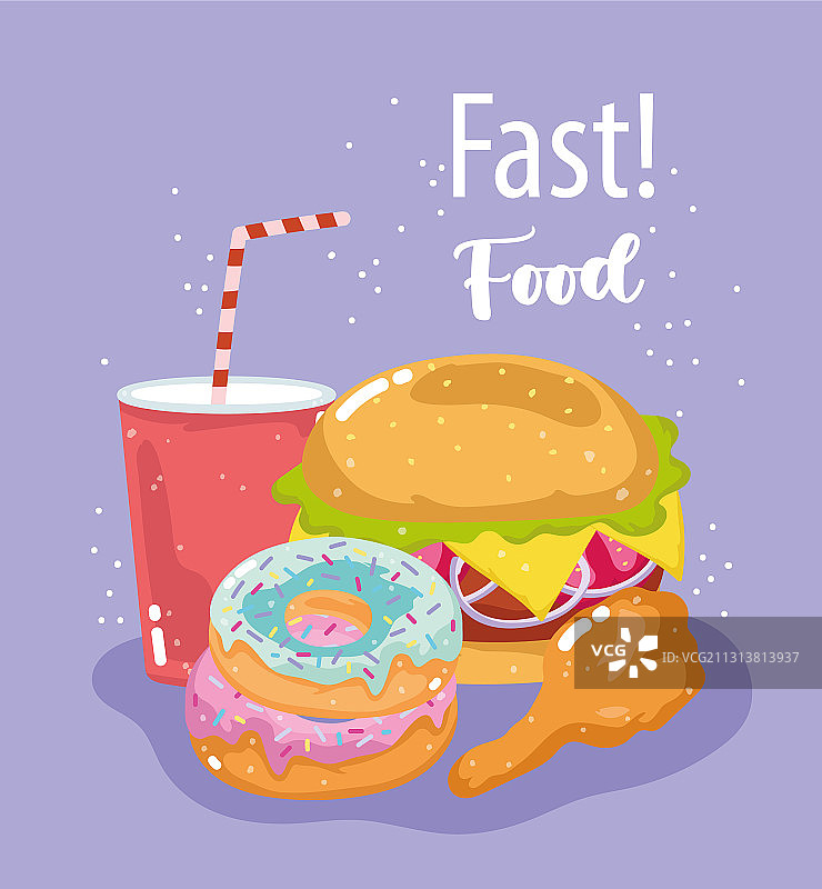 快餐汉堡甜甜圈炸鸡和苏打菜单图片素材