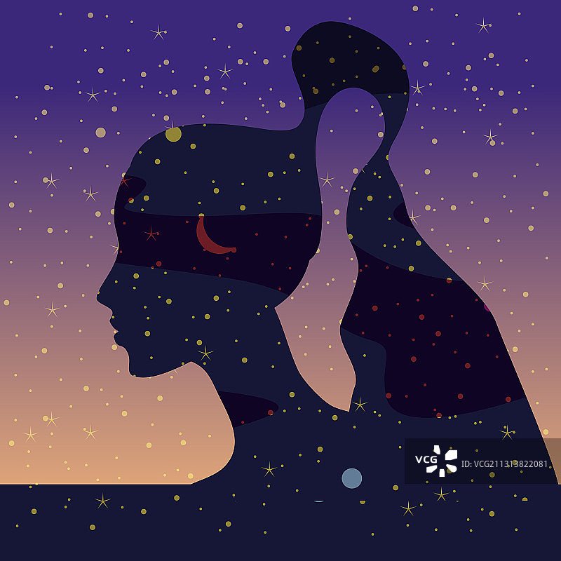 发丝里有星星的女孩侧面轮廓肖像图片素材