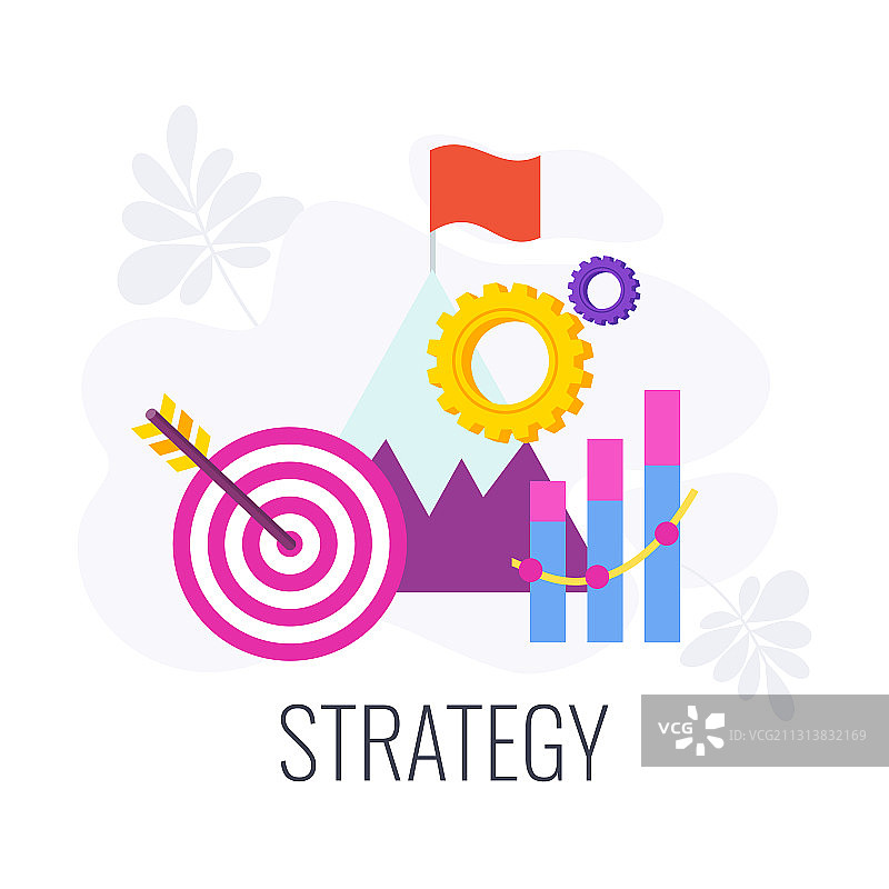 山脉和带箭头的目标顶部的旗帜图片素材