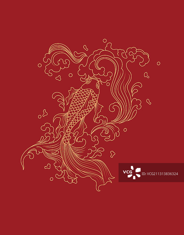 中国风鲤鱼海水元素线条图案，红色背景图片素材