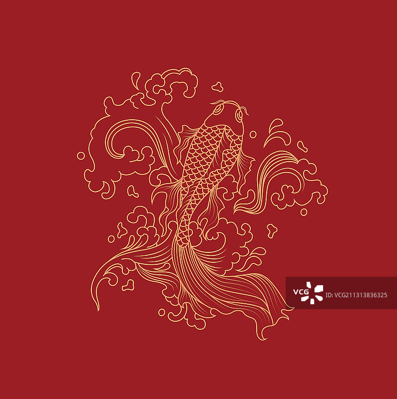 中国风鲤鱼海水元素线条图案，红色背景图片素材
