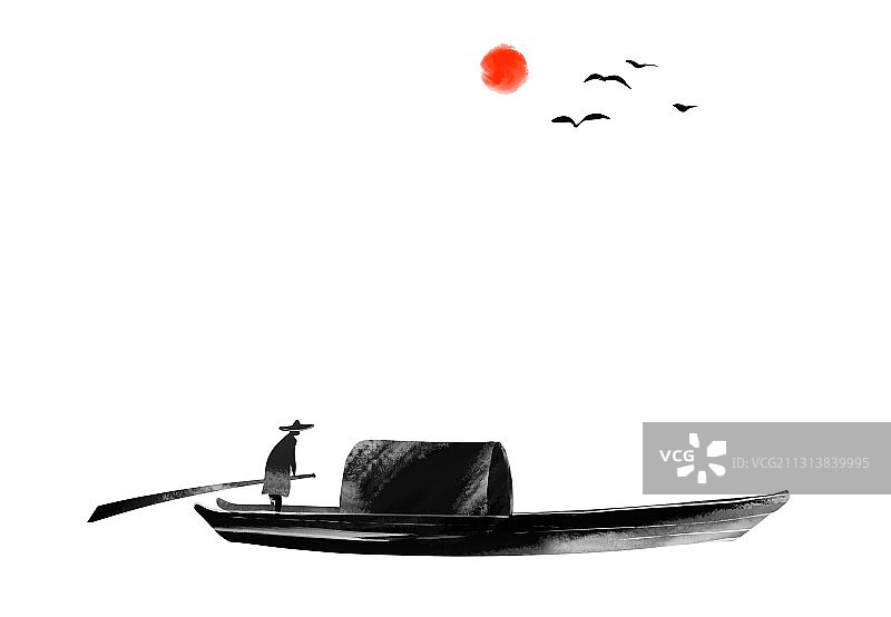 水墨风景画渔船图片素材