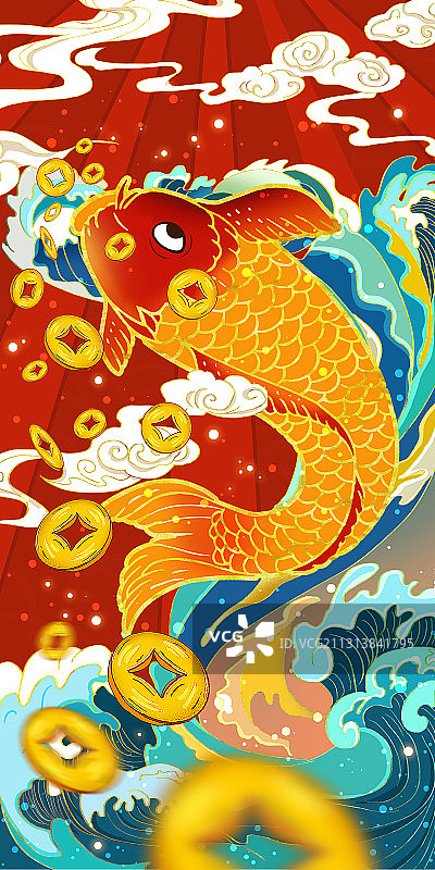 跃出海浪口吐铜钱的鲤鱼，春节年画富贵吉祥插画图片素材