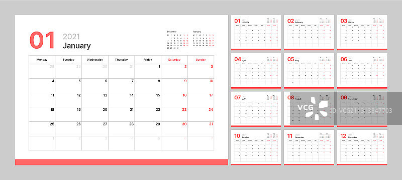 2021年月度日历（每周开始）图片素材