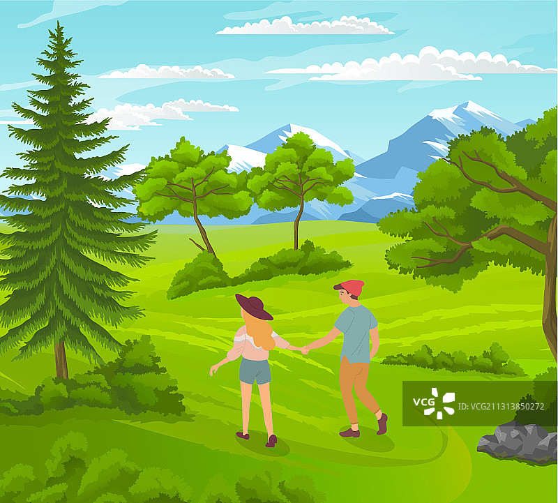 相爱的情侣手牵手在绿地上散步图片素材