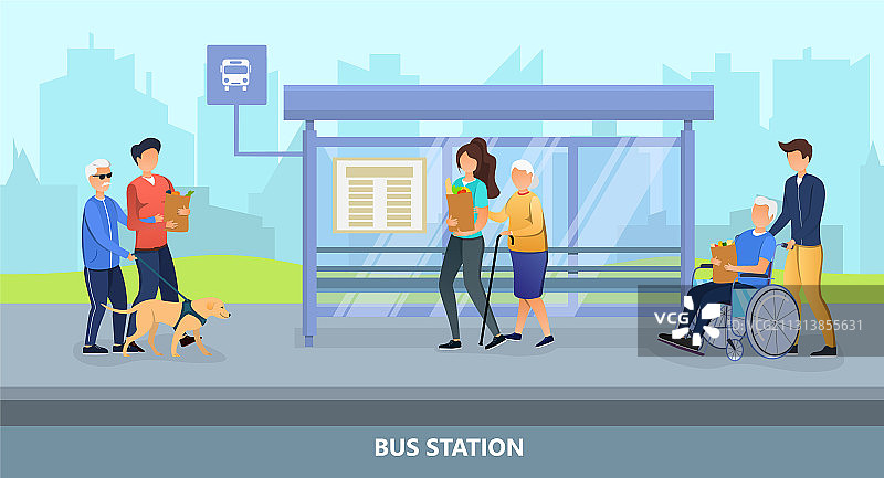 年轻人在公共汽车站帮助老人图片素材