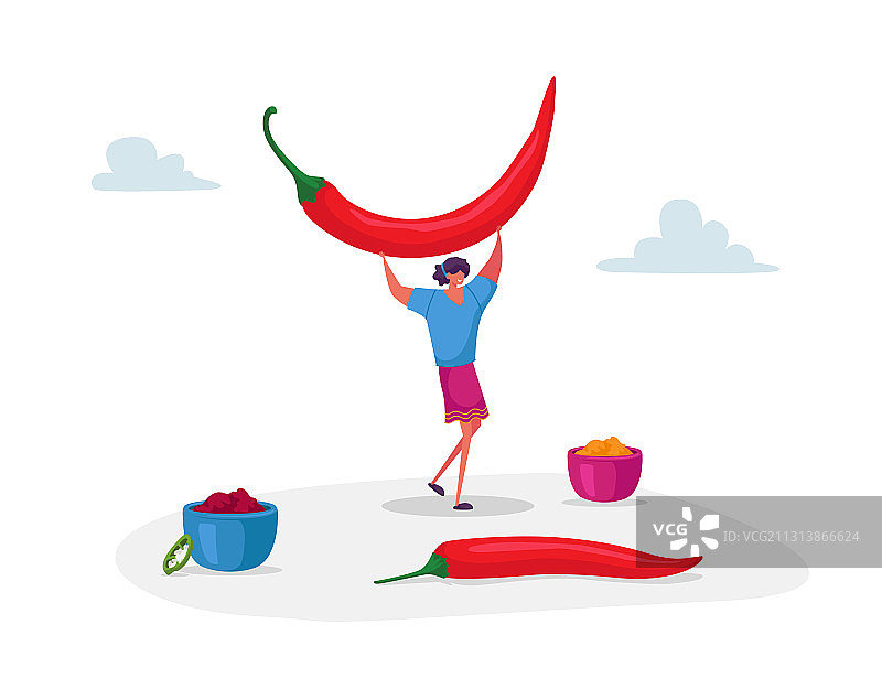 拿着巨大红色辣椒的年轻乐观女人图片素材