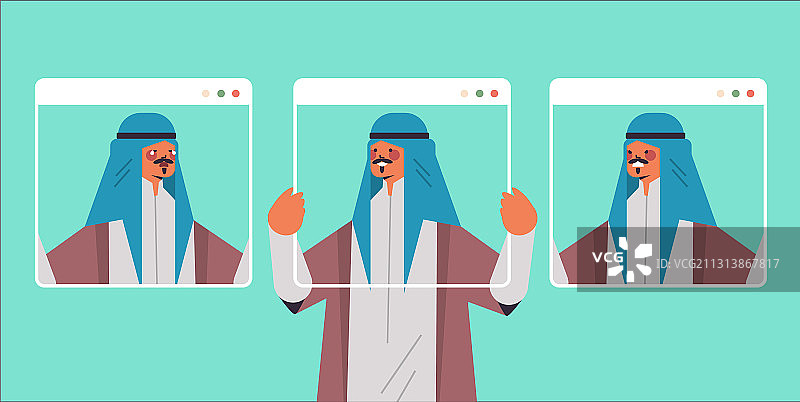 阿拉伯男子手持网页浏览器窗口图片素材