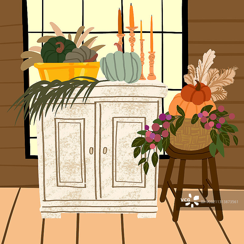 冬季室内装饰：棕米色调与植物干花图片素材