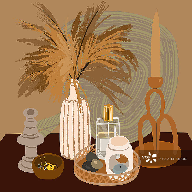 冬季室内装饰：秋色干花与米色花瓶图片素材