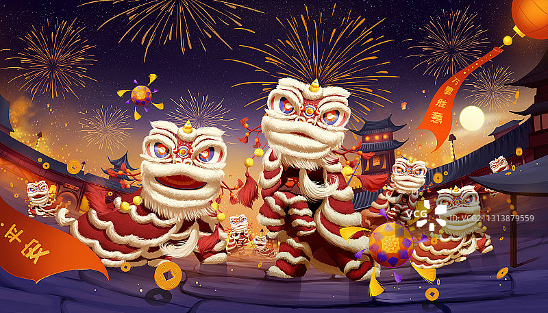 春节舞狮热闹的节日庆典插画图片素材