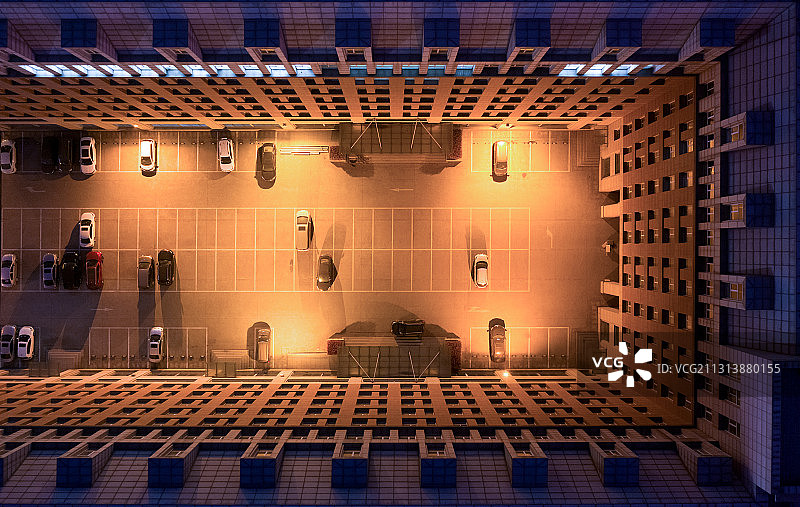 夜晚写字楼天井正上方航拍高视角图片素材