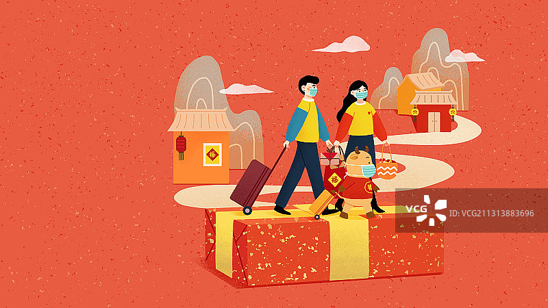 牛年情侣春节春运回家防疫戴口罩红色背景横版图片素材