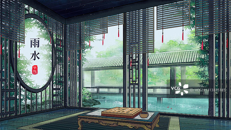 唯美雨天古风场景手绘插画图片素材