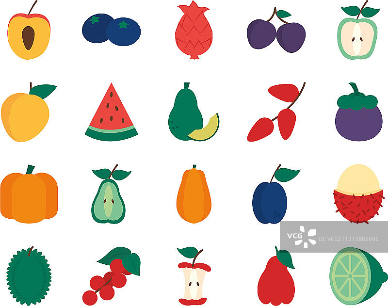 南瓜与异国水果图标集扁平风格图片素材