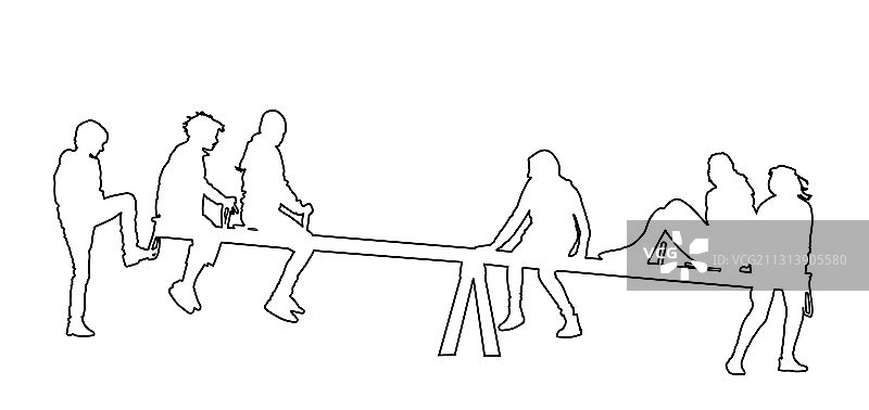 孩子们玩跷跷板线条轮廓图片素材