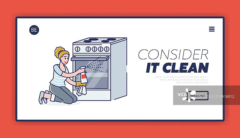 女人清洁燃气灶和烤箱引导页图片素材
