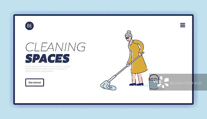 老妇人使用拖把和水桶清洁地板图片素材