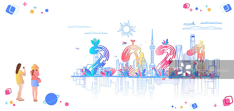 2021上海建筑群景点吸引游客来拍照插画图片素材