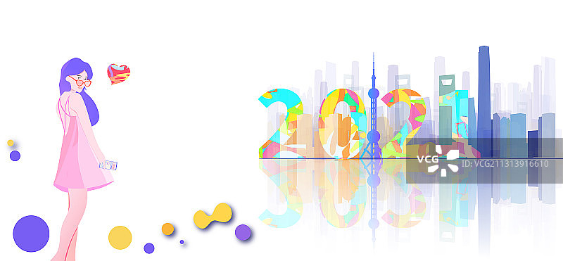 美女来到2021年的上海科技城市旅游插画图片素材