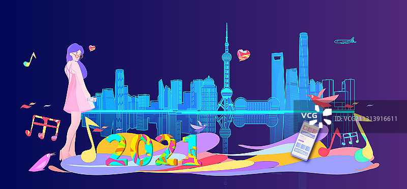美女来到2021年的上海科技城市旅游插画图片素材