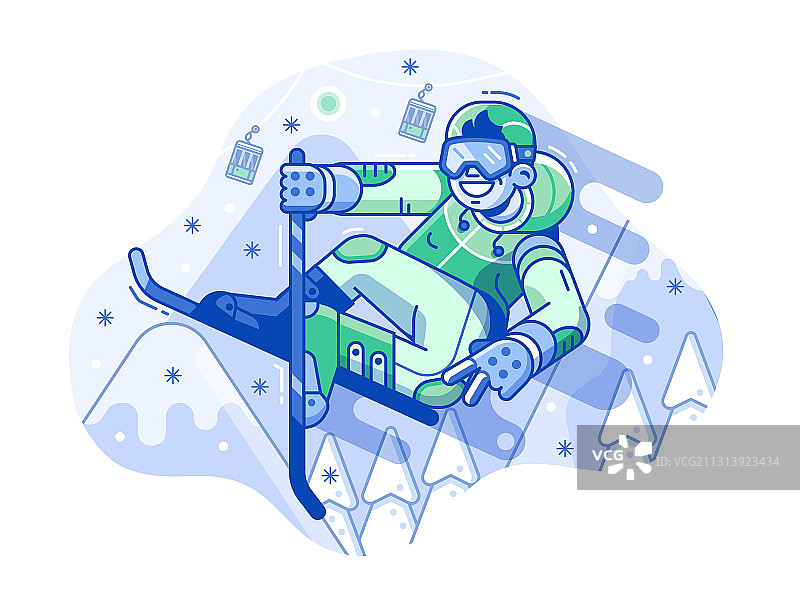 在山上跳跃的快乐滑雪者（线条）图片素材