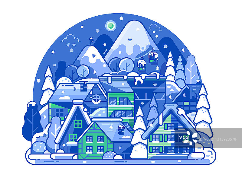线条艺术中的睡眠滑雪胜地夜景图片素材