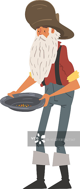 拿着装有金沙的平底锅的男性探矿者图片素材