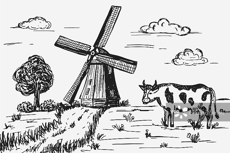带风车的乡村素描图片素材