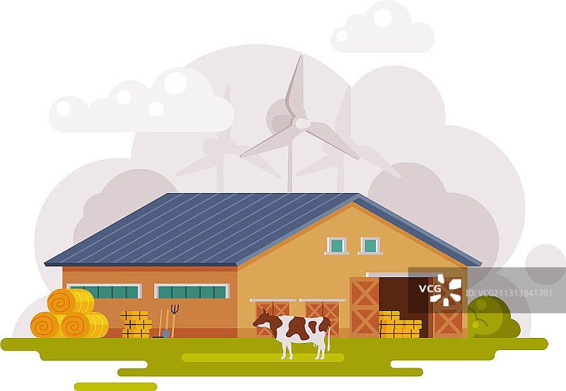 带有木制谷仓风力涡轮机的农场场景图片素材