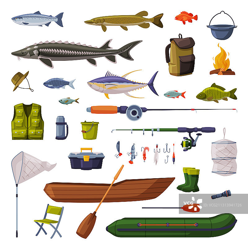 淡水鱼钓鱼设备套装图片素材