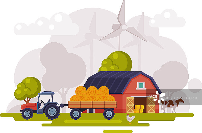 带有红色谷仓、风力涡轮机和拖拉机的农场场景图片素材