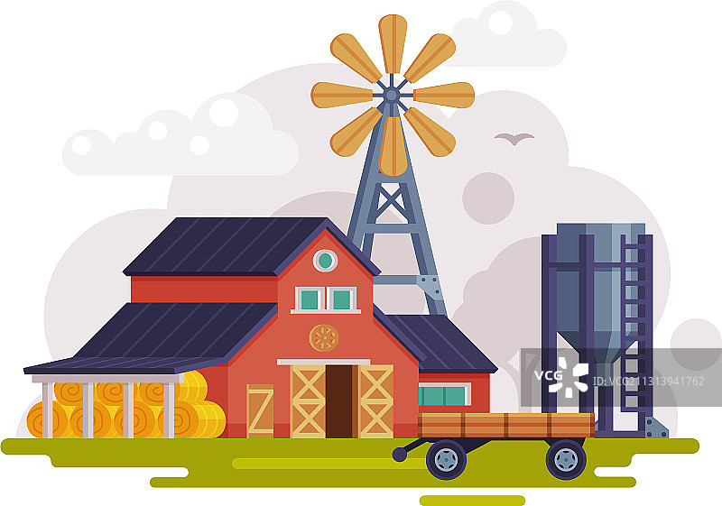 红色谷仓风车水泵农场场景图片素材