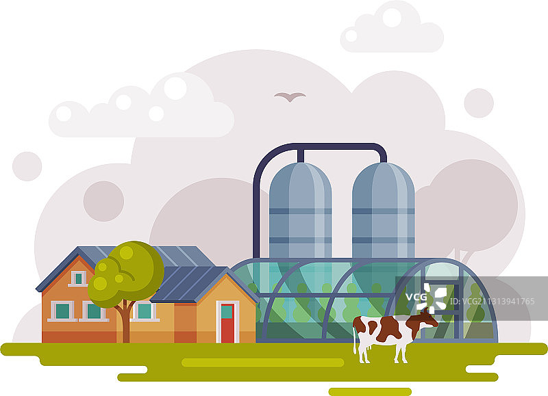 带乡村房屋、温室和大粮仓的农场场景图片素材