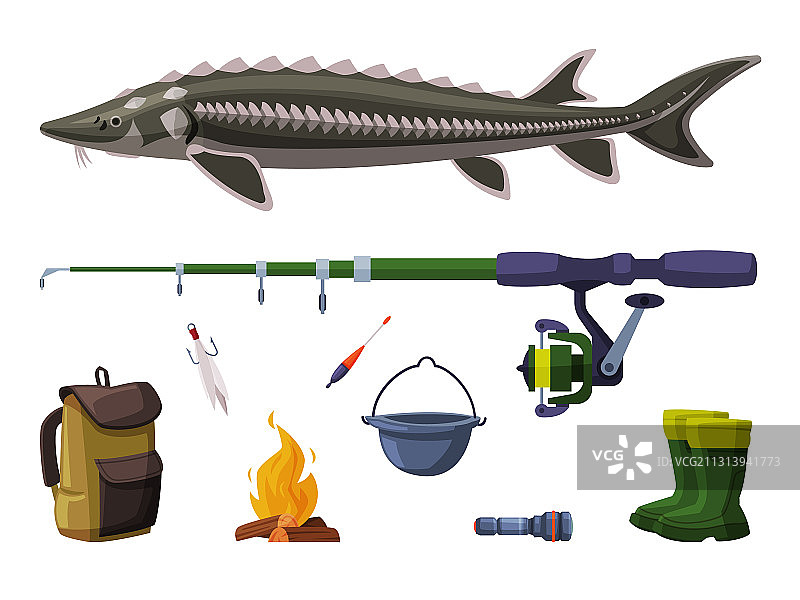 成套的闪光鲟鱼淡水鱼钓鱼装备图片素材