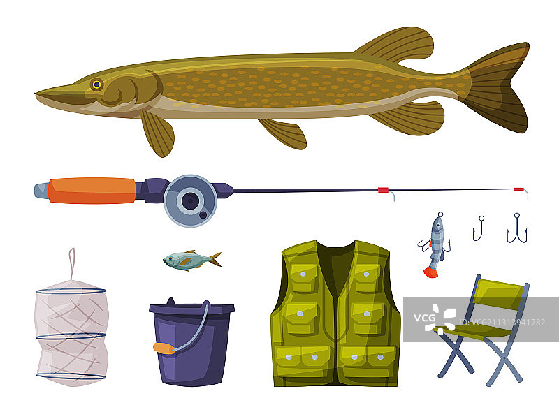 捕鱼设备：梭鱼竿和服装图片素材