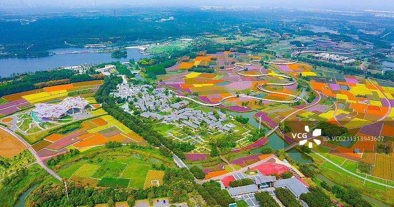 江苏省宿迁市三台山森林公园-衲田花海，空中俯瞰五彩大地图片素材