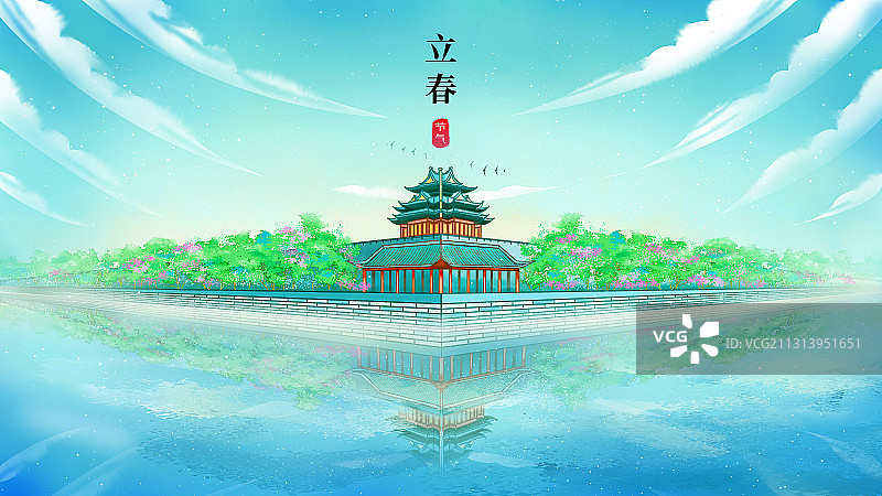 故宫角楼春天手绘古风插画图片素材