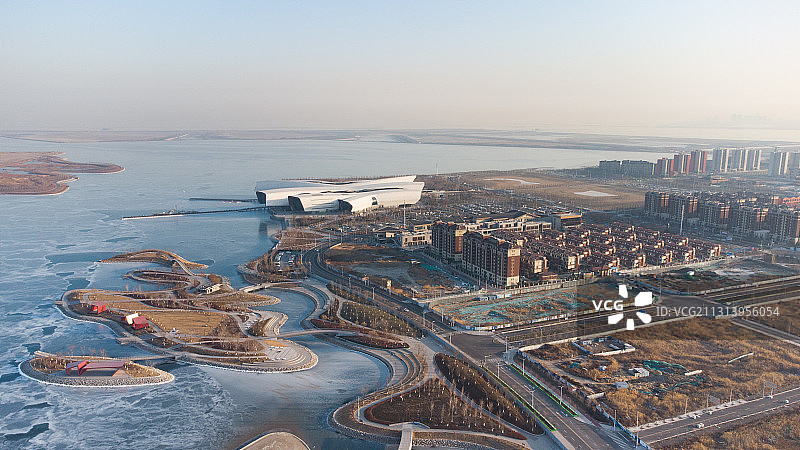 天津滨海新区  冰封的渤海湾  国家海洋博物馆 航拍图片素材