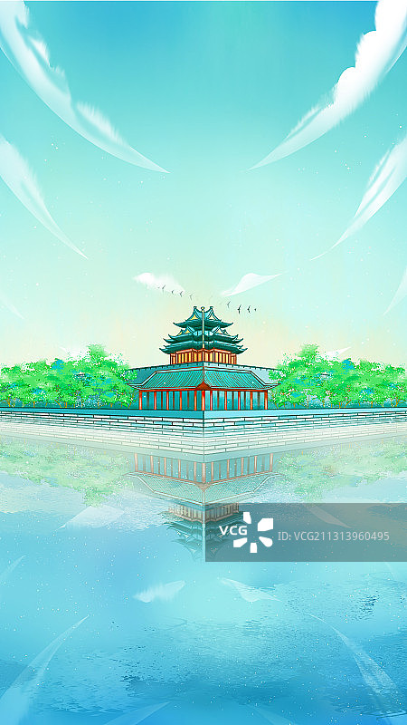 故宫角楼手绘古风插画图片素材